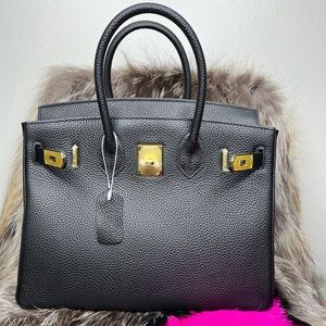 Black Leather Tote Handbag with Gold Hardware